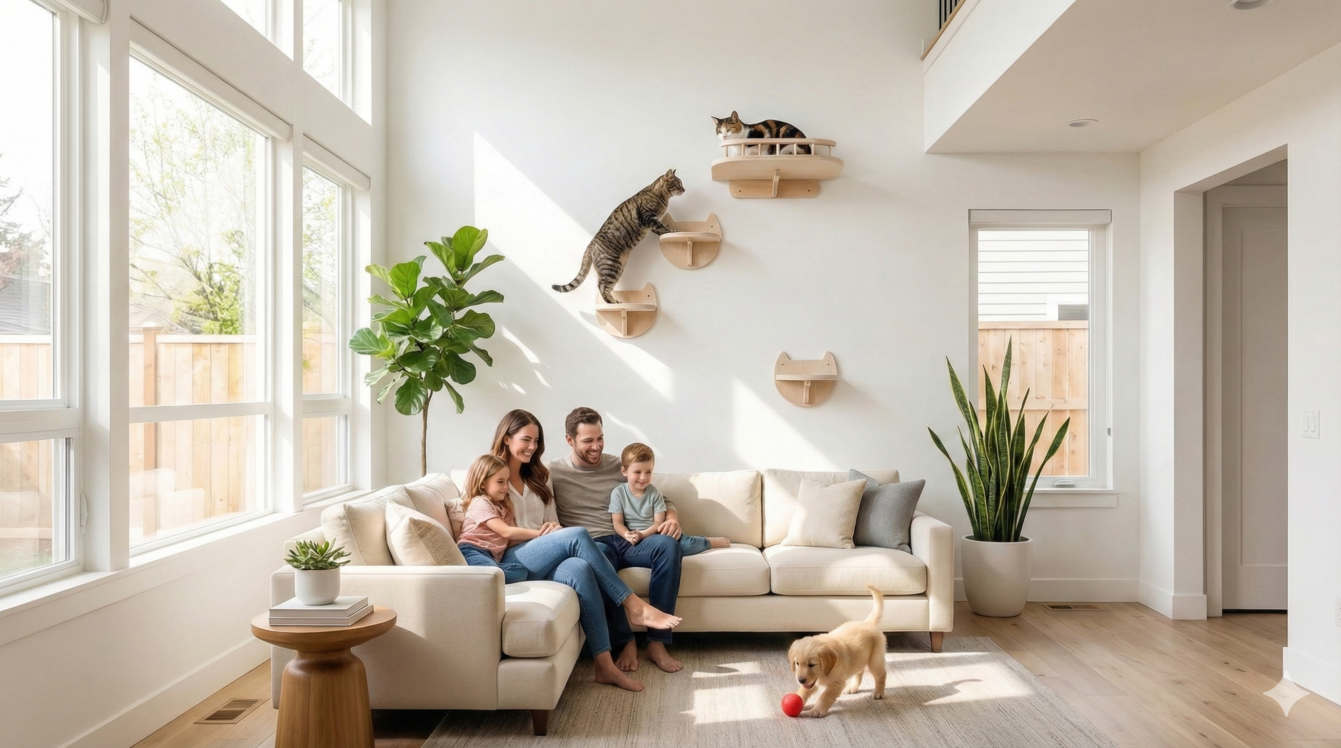Family at home with BUOGA cat wall shelves installed