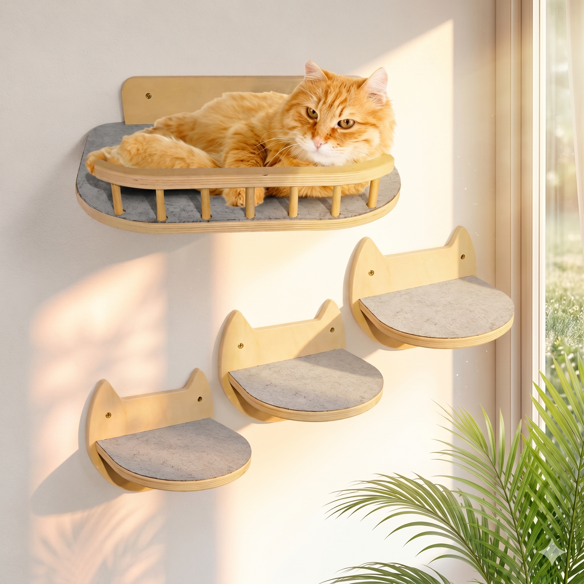 BUOGA Natural Wood Cat Wall Shelves with orange cat resting